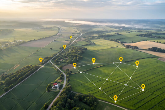 A sprawling farmland network connected by precision agriculture technology, showcasing a vibrant green landscape at sunrise, with a detailed aerial view.