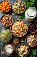Top view plant based vegan food assortment with vegetables, seeds, beans, legumes, nuts, tofu and alternative milk. Healthy ingredients for balanced diet. Vegan protein rich food for vegetarians.