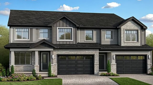 Contemporary Duplex Home with Stone Accents and Black Garage Doors, Modern Exterior Design