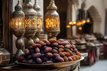 Ajwa dates are neatly arranged in front, against a backdrop of delicate Islamic lamp holders that are artistic in every element, full of meaning and beauty