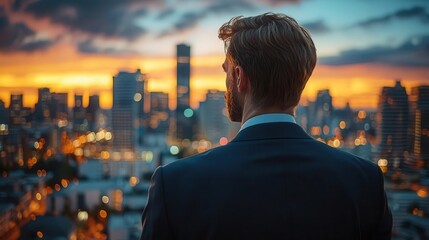 Plakat A businessman gazes at a city skyline during sunset, evoking aspirations and opportunities for success.