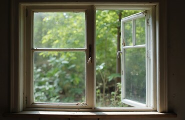View through open window with wooden frame. Reveals green trees and bright sunlight. Rustic home interior with vintage open window concept. Nature, air and light in room. Open window allows fresh air.