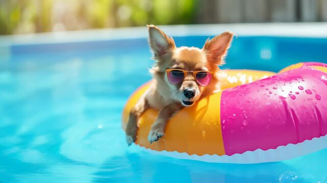 happy dog wearing sunglasses floating in colorful pool ring, fun summer footage with motion for vacation, pet, lifestyle or ad themes
