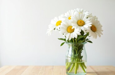 Bouquet white daisies in glass vase. Yellow center flower heads. Fresh floral arrangement, simple decor on table. Home interior design element, wedding, greeting card, holiday. Spring, summer,