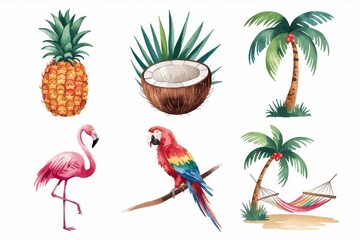 Tropical Paradise Watercolor Collection: Flamingo, Parrot, Pineapple, Coconut, Palm Trees, and Hammock