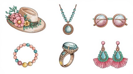Bohemian Chic Accessories: Watercolor Collection of Hats, Jewelry, and Sunglasses