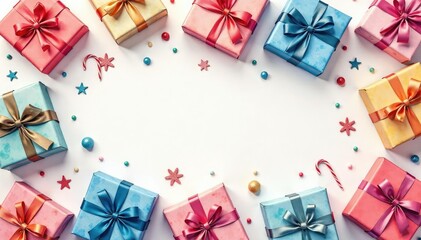 Subtle watercolor painted gift boxes, scattered pattern, background, paper, gift