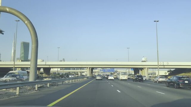Driving Through Dubai Pov Driving Car Front Panorama Video Driving Plate. Driving south on D68 Al Khail Rd
