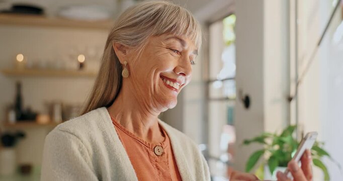 Phone, smile and senior woman in a house with social media, chat or web, scroll and communication. Happy, face and old lady person with smartphone app for elderly online dating, network or connection