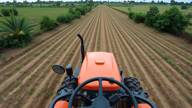 An aerial footage revealing an orange tractor moving up the frame, tilling a farmland in Muak Klek, Saraburi, Thailand.