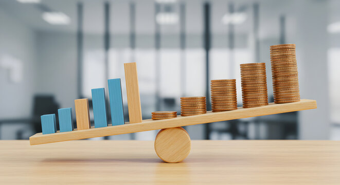 Stacks of Coins Balancing on Wooden See Saw Graph on Wooden Tabletop in Bright Modern Office