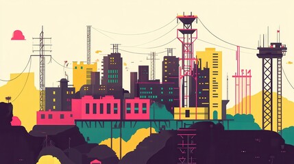 Obraz premium Vibrant Urban Landscape with Modern Buildings and Power Lines in a Stylized Graphic Design