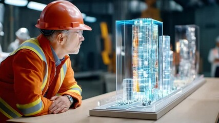 Industry professional examining model: A focused industry professional meticulously examines a detailed architectural model, embodying precision and dedication in a modern industrial setting.