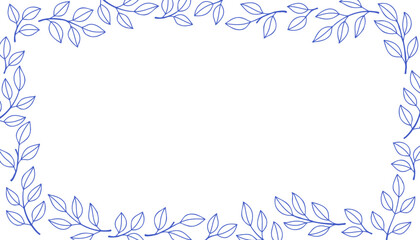 Branch rectangular border banner. Leaves and branches rectangular frame floral ornament. Line pattern background. Mediterranean blue outline stroke. Vector line.