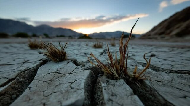 Resilience in Arid Lands: Close-up reveals weathered earth with tenacious grasses against the backdrop of a serene, colorful dawn sky, capturing nature's enduring essence.