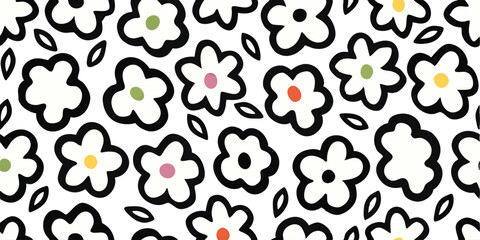 Fototapeta premium Colorful Floral Pattern Vector | Seamless Design with Black-Outlined Flowers and Leaves