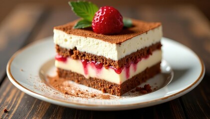 Individual portion of tiramisu, showcasing texture and rich color , sponge cake, studio shot, coffee