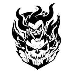 Stylized sinister illustration and skull emblem