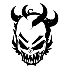 Monochrome Devilish Skull with Horns Illustration
