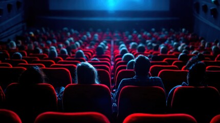 People in the cinema auditorium with Cinema blank wide screen and red chairs in the cinema hall,People silhouettes watching movie performance,empty white screen,space for text,copy space.