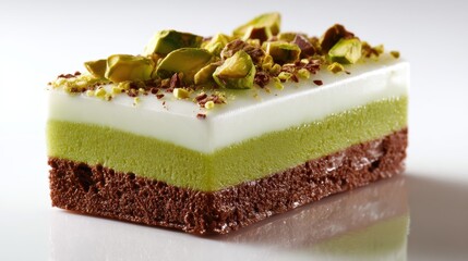 Dubai Chocolate Kunafa Pistachio on white background,Dubai Chocolate bar with green kadayif and pistachio spread,popular and viral chocolate 2024,space for text.