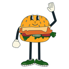 Burger Mascot in Groovy Cartoon Design. Vector Character Illustration.