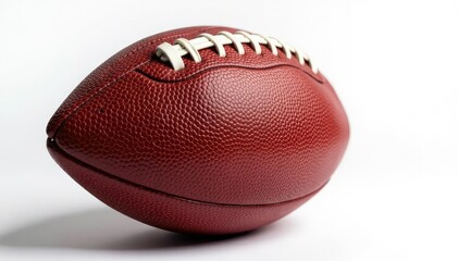 Close-up leather football, laces visible, pristine white background, American, gear, football