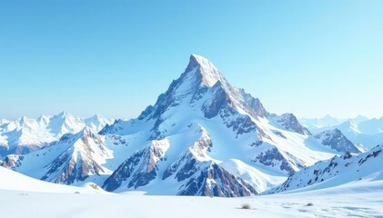Crisp white snow-covered mountain peak, clear sky, view, peaceful
