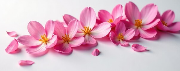 Delicate flower petals unfolding on a crisp white surface, intricate, nature