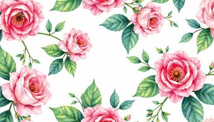 Delicate watercolor roses, lush leaves, seamless repeat , vintage, texture, pastel