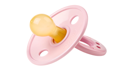 Adorable Pink Baby Pacifier with Yellow Nipple – Perfect for Newborns and Infants  isolated on white background.  Pink Baby Pacifier illustration on white