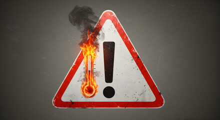 Burning Exclamation Point Sign on Gray Wall with Smoke and Flames Triangular Frame