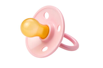 Adorable Pink Baby Pacifier with Yellow Nipple &ndash; Perfect for Newborns and Infants  isolated on white background.  Pink Baby Pacifier illustration on white
