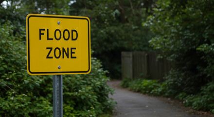 Yellow Flood Zone Sign with Black Text Next to a Winding Road Surrounded by Green Foliage on a Cloudy Day