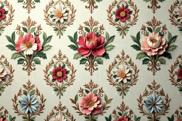 Intricate floral damask wallpaper in muted tones, vintage, art