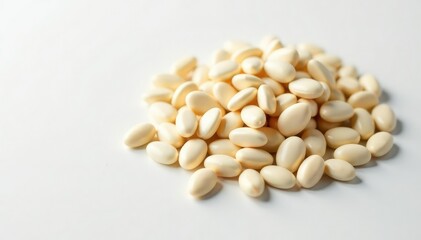 Pile of white beans on pristine white surface, white beans, still life, healthy