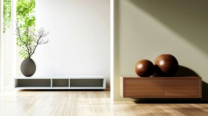 Modern design: white consoles with integrated hidden storage spaces.