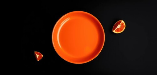 Vibrant orange plate, stark black backdrop Top-down view, photography, kitchenware