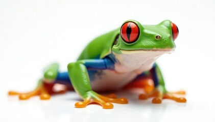 Obraz premium Single red-eyed tree frog on pure white, striking pose, animal photography, exotic frog, bright