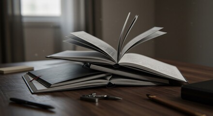 Open Book Stack Soft Light Study Table. AI Generated