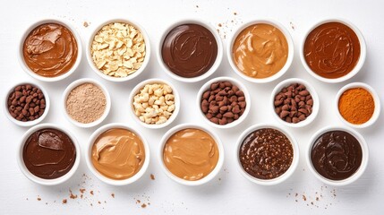 Various Creamy Spreads in Bowls on a White Table for Culinary Inspiration and Recipes