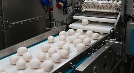 Clean white eggs move along conveyor belt industrial food processing plant. AI Generated