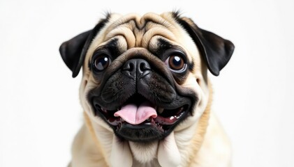Obraz premium Solo pug, alert expression, pure white backdrop, companion, pug, portrait