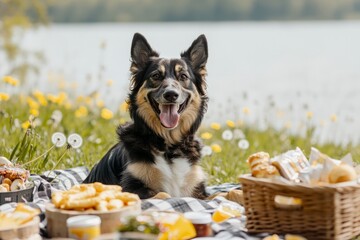 Happy Dog at Lakeside Picnic on a Sunny Spring Day