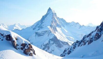 Snow-covered mountain peak against bright white sky, winter, snowy mountain, alpine