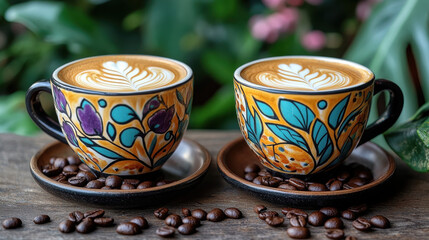 Fototapeta premium Vibrant Coffee Cups with Floral Design in a Cozy Outdoor Café Setting