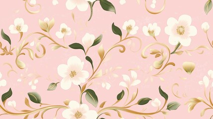 Seamless Floral Pattern with White Flowers on Pink Background – Elegant Vintage Design Featuring Green Leaves and Golden Swirls