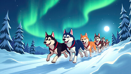 Husky dogs running on a snowy trail