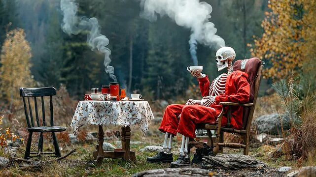 Skeleton Enjoying Tea in Autumn Forest