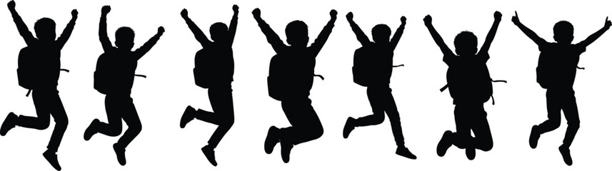 Back to School Kids Jumping Silhouette – Happy Children with Backpacks Vector Illustration on White Background